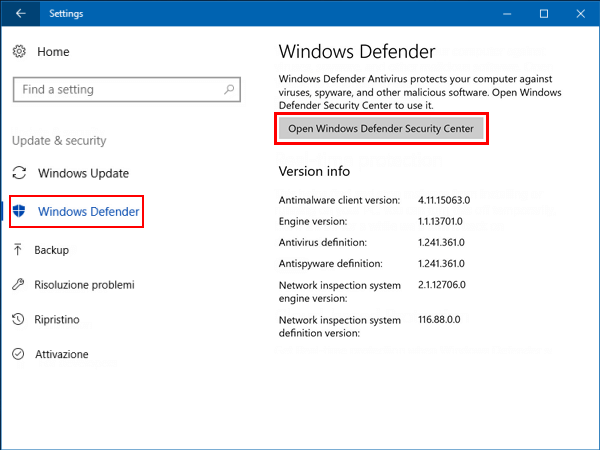 Open Windows Defender Security Center from Settings app