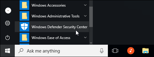 Open Windows Defender Security Center from Start menu