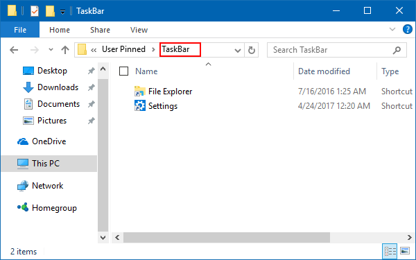 Apps pinned to taskbar are stored in a folder
