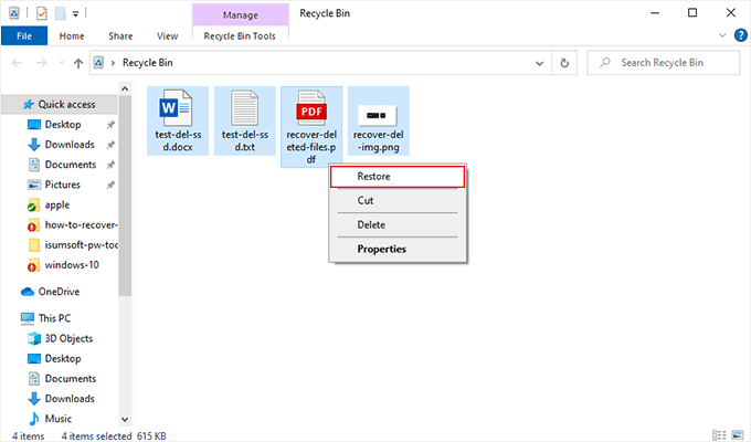 Restore deleted files from recycle bin