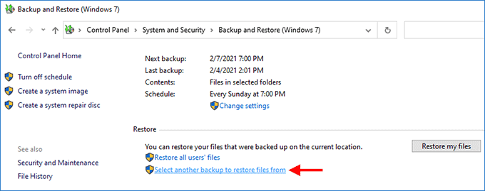 select another backup to restore files