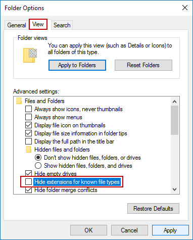 Show file name extensions in File Explore Option