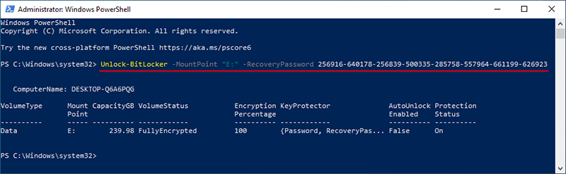 use recovery key in powershell