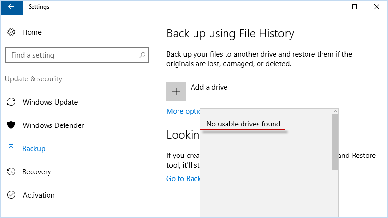 windows 10 file history no usable drives found