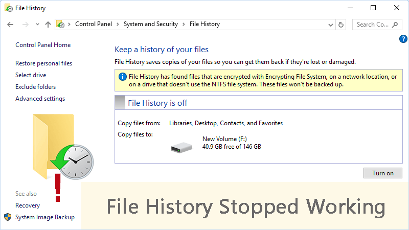 fix "File History stopped working" issues