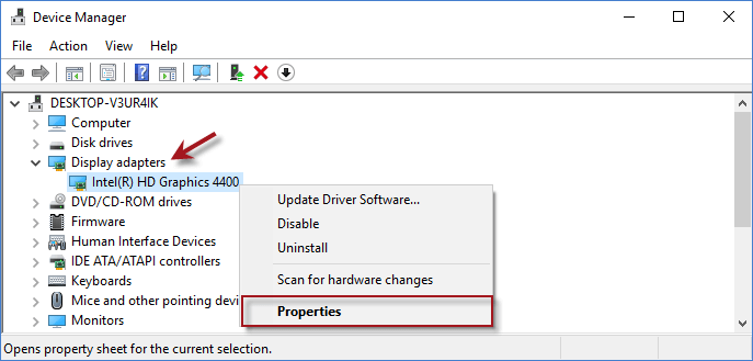 locate and right-click your graphic driver. Then click Properties.