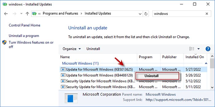 right-click on the latest update and choose uninstall