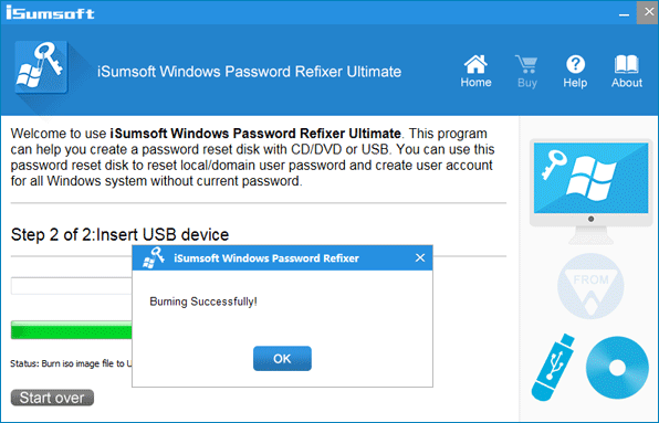 Windows password reset disk burning successfully