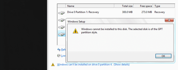 Windows cannot be installed to this disk GPT
