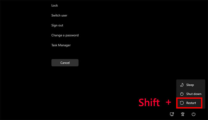 press Shift + Restart on Windows Security screen