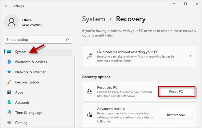 enter Setting>System>Recovery and reset PC