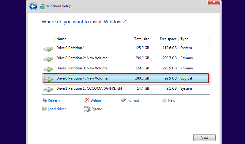 choose the new partition for Windows 11 installation