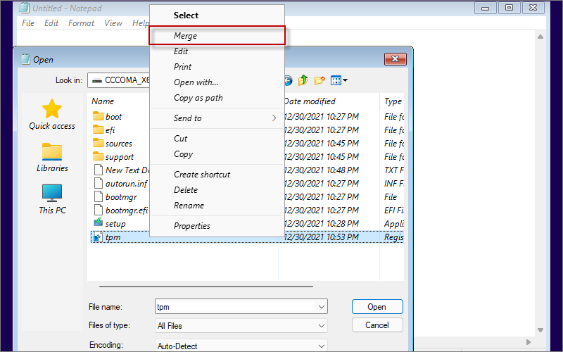 right-click tpm.reg  and choose Merge option