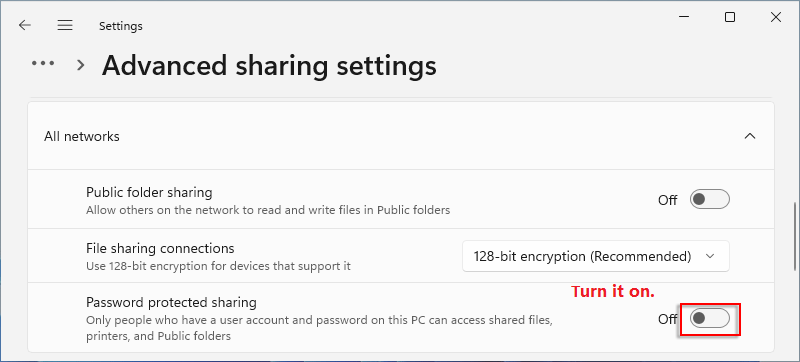 turn on password protected sharing