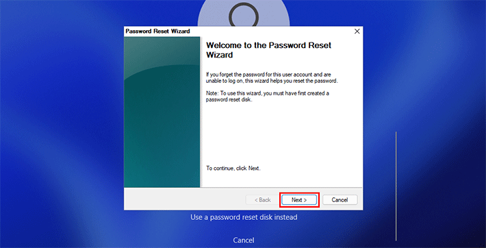 click Next on Password Reset Wizard