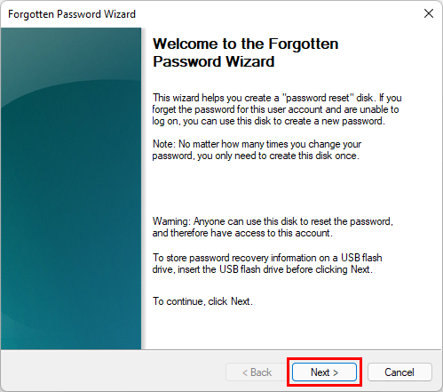 click Next on Forgotten Password Wizard