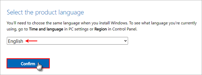 select product language and click Confirm