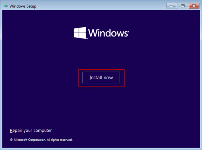  Click on Install now to start Windows Setup