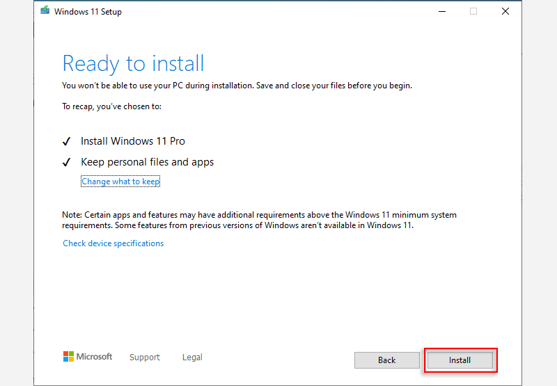 click install after keeping apps and files