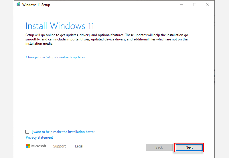 click next to install windows 11