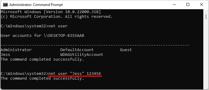 use net user command to reset password