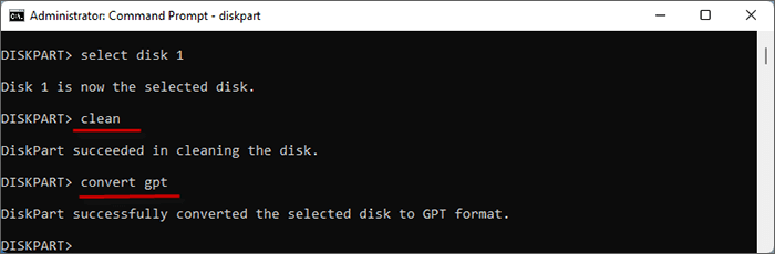  clean disk 1 and convert it as GPT format