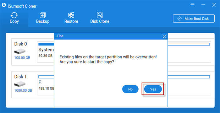 click Yes to confilrm to overwrite the target partition