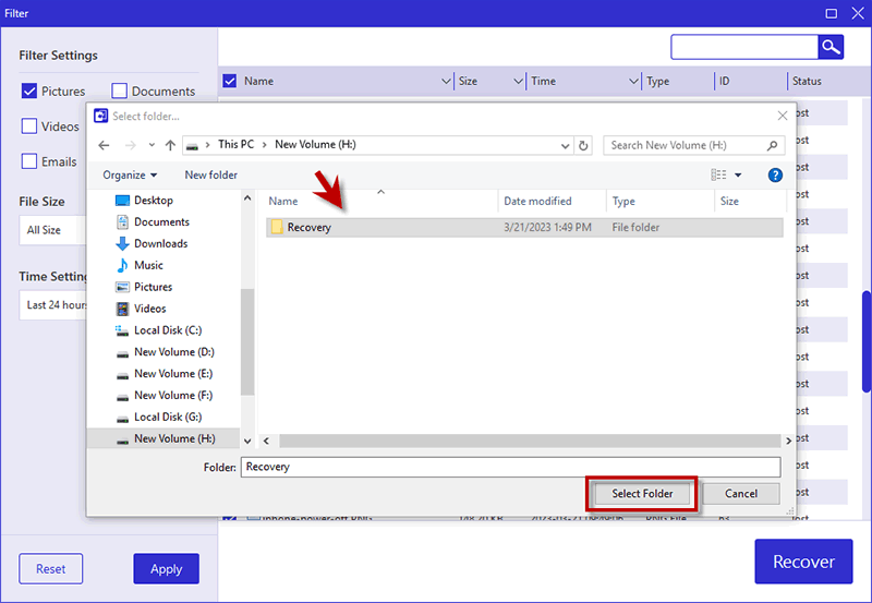 choose location to save the deleted files you want to recover