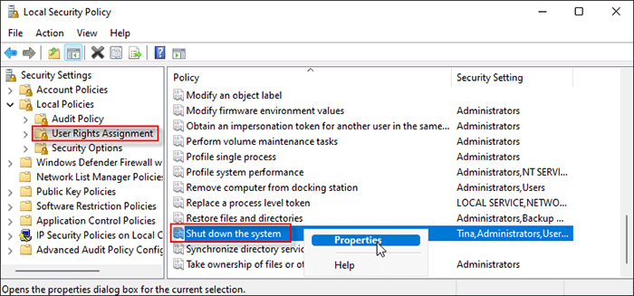 right-click on Shut down the system and select Properties