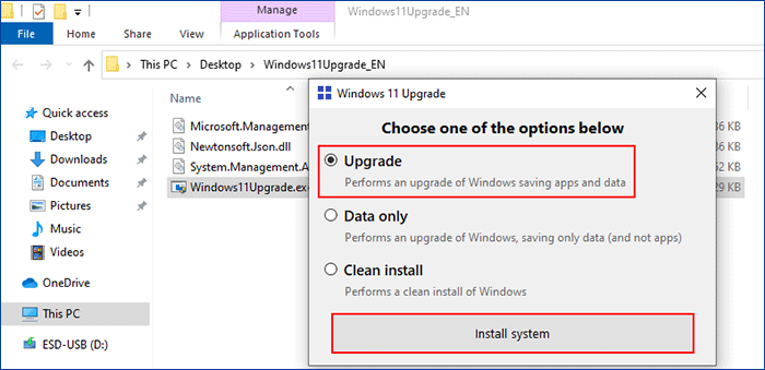 choose Upgrade and click Install system