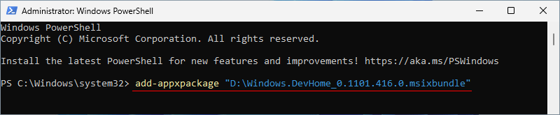 run command to install Dev Home successfully