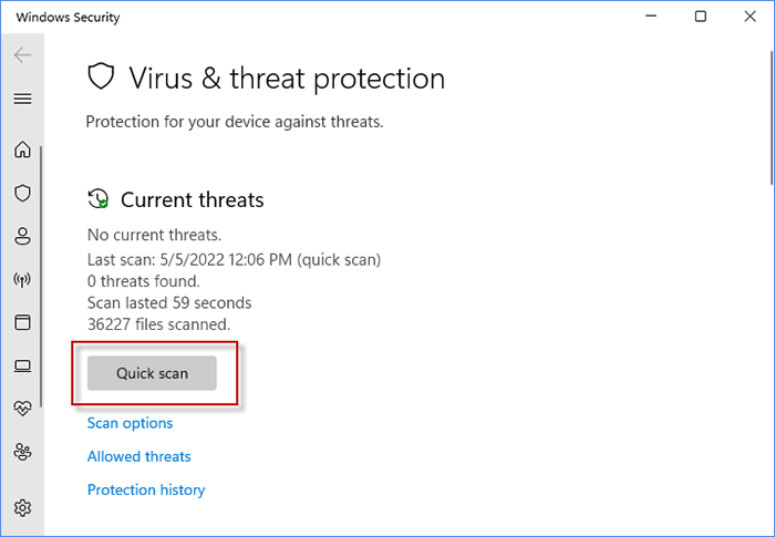 click on Quick scan to find the current system threats