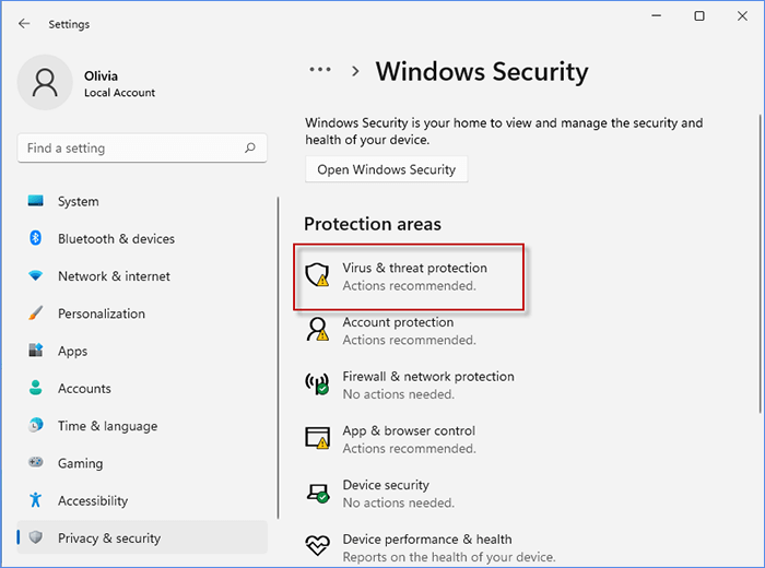 Press Win + I open Settings > Privacy & Security > Windows Security > Virus & threaten Protection