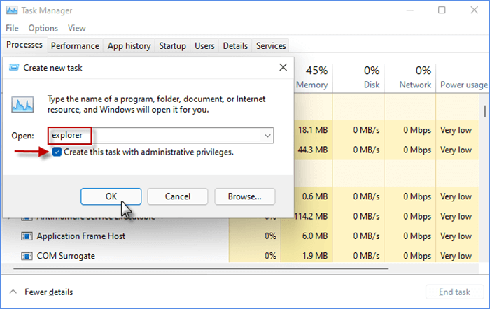  Type explorer in the task window to create a new File Explorer task