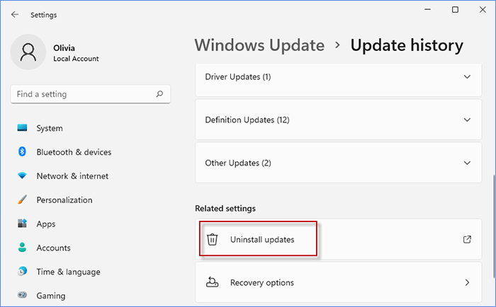 go to settings and Choose Windows Update > Update history > Uninstall updates.