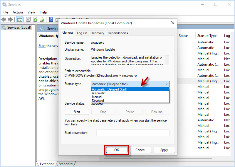 choose Automatic (Delayed Start) Windows Update