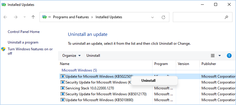 remove latest installed update