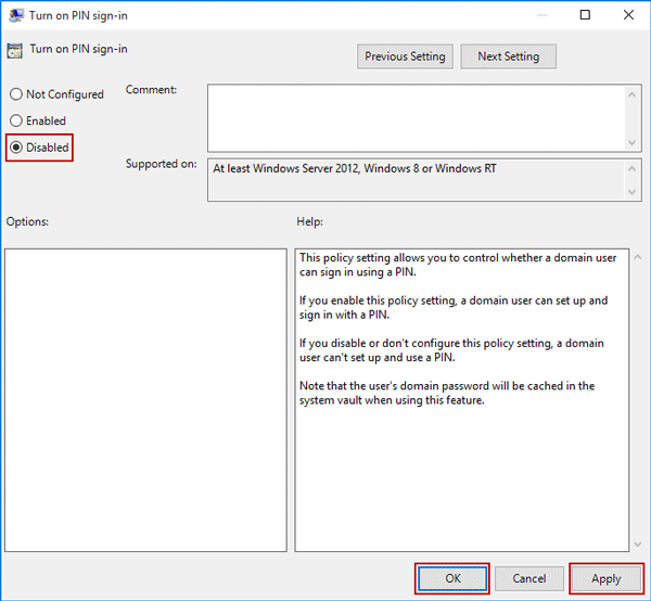 Disable PIN logon