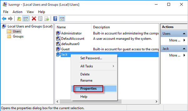 Selecting user properties in Local Users and Groups