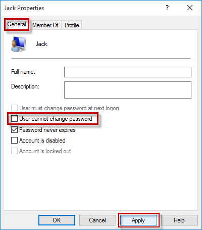 Unchecking 'User cannot change password' option