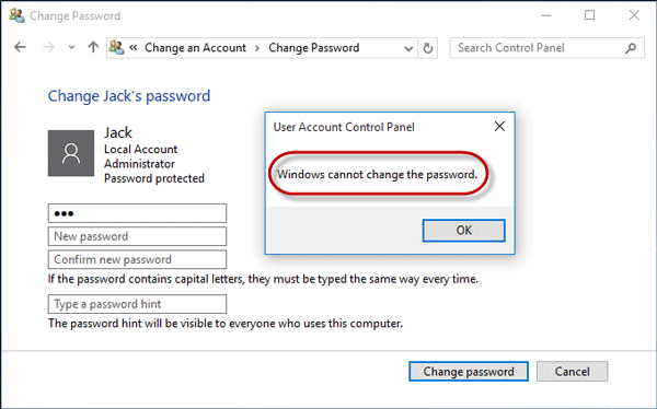 windows cannot change the password error