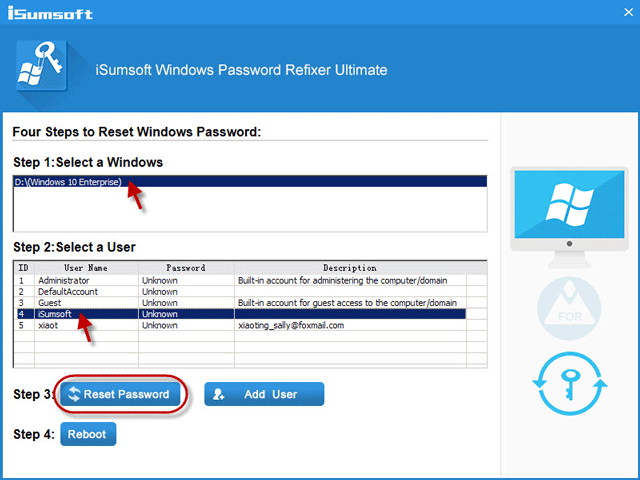 Select Windows installation and target user account