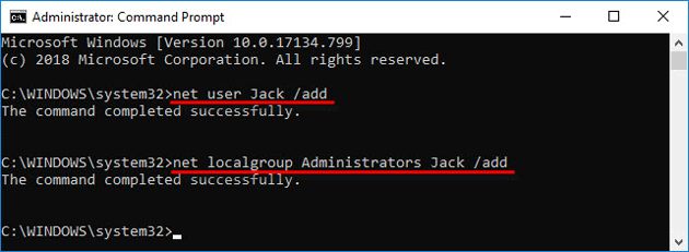 Create administrator account using Command Prompt