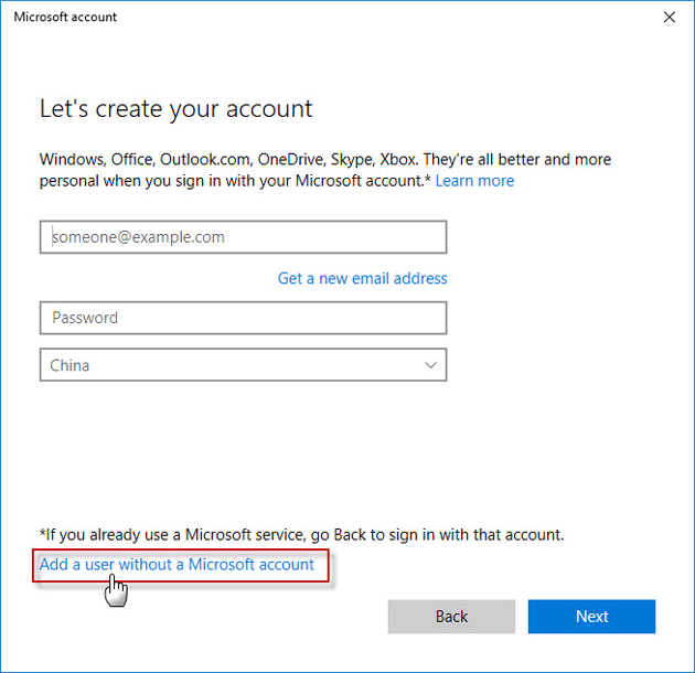 Add user without Microsoft account