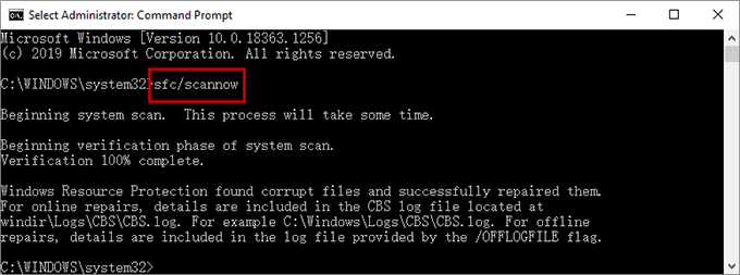 Repair system files with SFC command