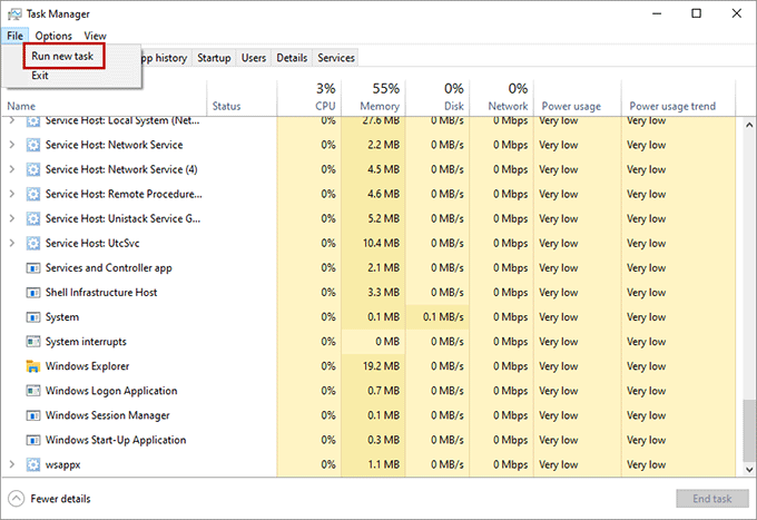 Run new task in Task Manager