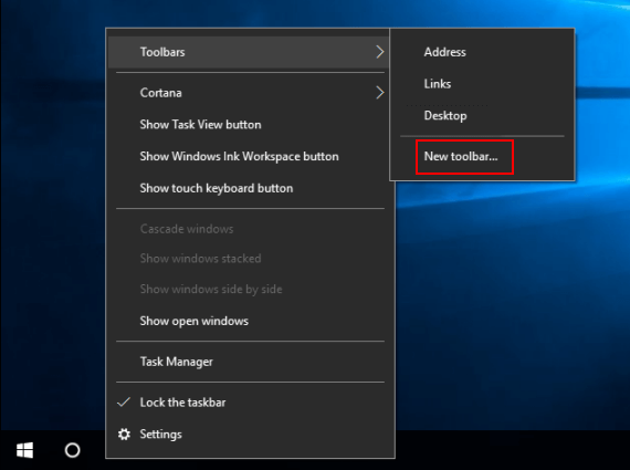 Create a new toolbar in Taskbar on Windows 10
