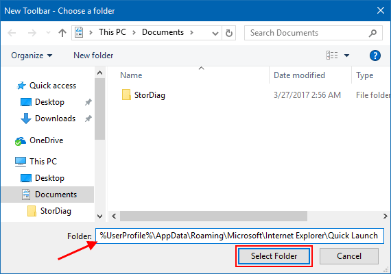 Quick Launch shortcut folder location