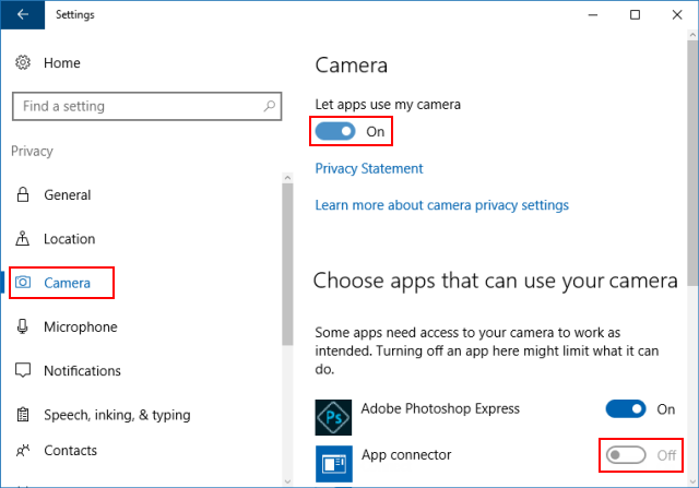 Allow or block app access to camera