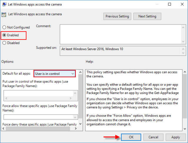 Enable camera access for Windows apps
